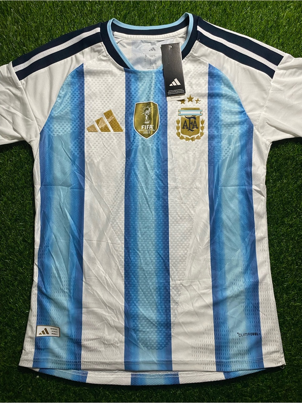 White and Light Blue Striped Argentina Soccer Jersey